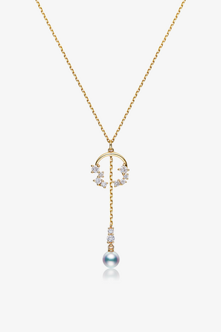 Lab Diamond and Akoya Pearl Drop Necklace in Yellow/White Gold-Zaiyou Jewelry