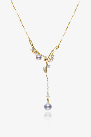 Lab Diamond and Akoya Pearl Necklace in Yellow/White Gold-Zaiyou Jewelry