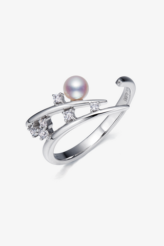 Lab Diamond and Akoya Pearl Open Wrap Ring in Yellow/White Gold-Zaiyou Jewelry