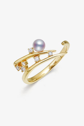 Lab Diamond and Akoya Pearl Open Wrap Ring in Yellow/White Gold-Zaiyou Jewelry