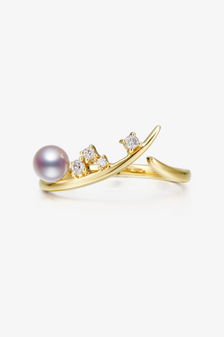 Lab Diamond and Akoya Pearl Single Loop Ring in Yellow/White Gold-Zaiyou Jewelry