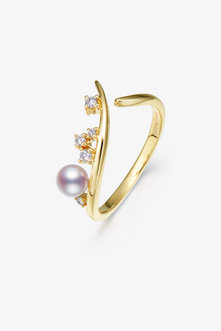 Lab Diamond and Akoya Pearl Single Loop Ring in Yellow/White Gold-Zaiyou Jewelry