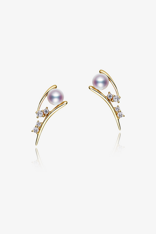 Lab Diamond and Akoya Pearl Stud Earrings in Yellow/White Gold-Zaiyou Jewelry