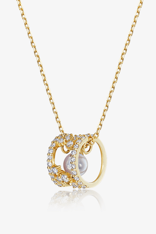 Lab Diamond and Akoya Pearl Circle Necklace in 14k Yellow/White Gold