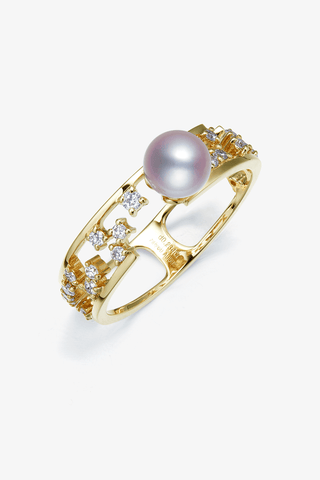 Lab Diamond and Akoya Pearl Double loops Ring in 14k Yellow/White Gold