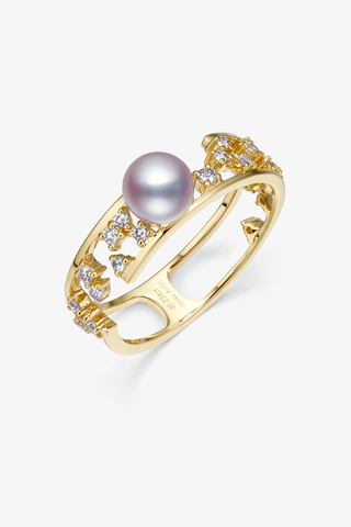 Lab Diamond and Akoya Pearl Double loops Ring in 14k Yellow/White Gold