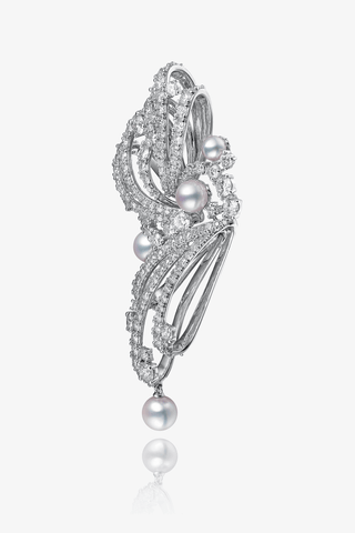 Lab Diamond and Akoya Pearl Brooch in White Gold - Zaiyou Jewelry