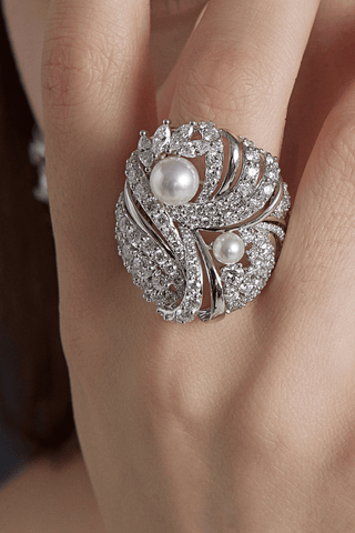 Lab Diamond and Akoya Pearl Cocktail Ring in White Gold - Zaiyou Jewelry