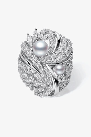 Lab Diamond and Akoya Pearl Cocktail Ring in White Gold - Zaiyou Jewelry