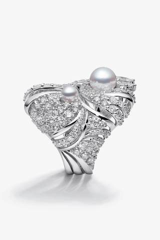 Lab Diamond and Akoya Pearl Cocktail Ring in White Gold - Zaiyou Jewelry