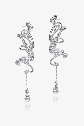 Lab Diamond and Akoya Pearl Drop Earrings in White Gold - Medium - Zaiyou Jewelry