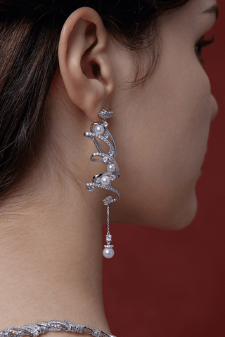 Lab Diamond and Akoya Pearl Drop Earrings in White Gold - Medium - Zaiyou Jewelry