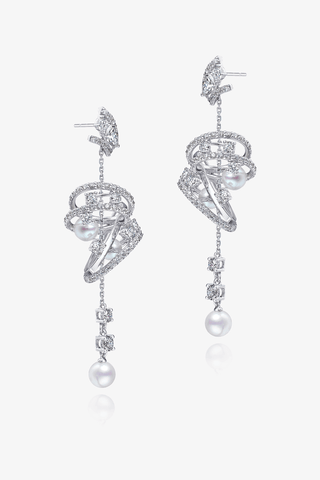 Lab Diamond and Akoya Pearl Drop Earrings in White Gold - Small - Zaiyou Jewelry