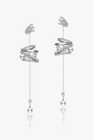 Lab Diamond and Akoya Pearl Long Drop Earrings in White Gold - Zaiyou Jewelry