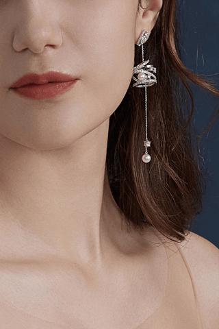 Lab Diamond and Akoya Pearl Long Drop Earrings in White Gold - Zaiyou Jewelry