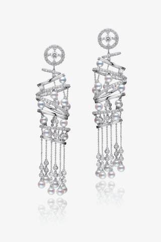 Lab Diamond and Akoya Pearl Long Drop Earrings in White Gold - Large - Zaiyou Jewelry