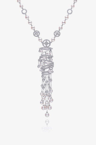 Lab Diamond and Akoya Pearl Long Necklace in White Gold - Zaiyou Jewelry