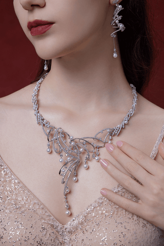 Lab Diamond and Akoya Pearl Unique Wedding Necklace in White Gold - Zaiyou Jewelry