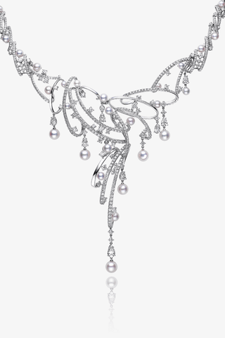 Lab Diamond and Akoya Pearl Unique Wedding Necklace in White Gold - Zaiyou Jewelry