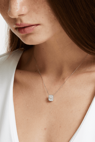 Emerald-cut Lab Diamond Halo Pendant in White Gold - Zaiyou Jewelry