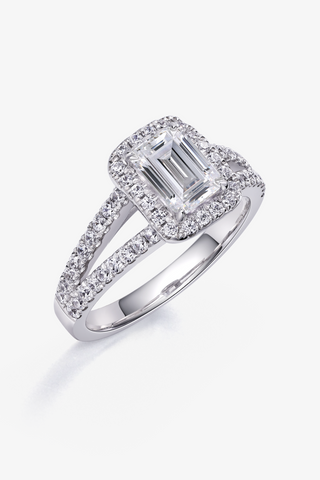 Emerald-cut Lab Diamond Halo Engagement Ring in White Gold - Zaiyou Jewelry