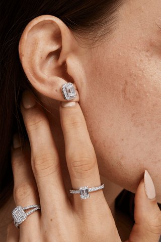 Emerald-cut Lab Diamond Halo Stud Earrings in White Gold - Zaiyou Jewelry