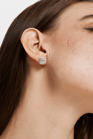 Radiant-cut Lab Diamond Halo Stud Earrings in White Gold - Zaiyou Jewelry