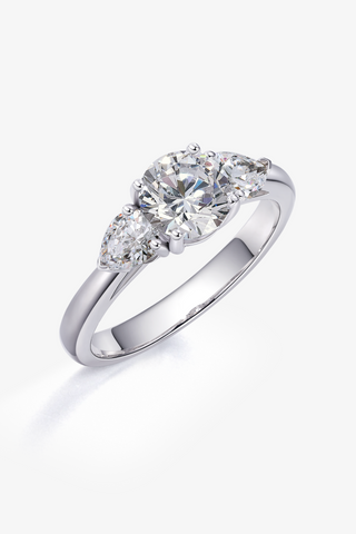 Three Stone Round Lab Diamond Engagement Ring in White Gold - Pear Side Stones - Zaiyou Jewelry