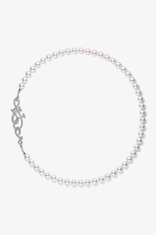 Lab Grown Diamond Clasp With Akoya Pearl Necklace in White Gold -Large - Zaiyou Jewelry