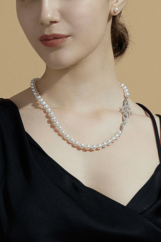 Lab Grown Diamond Clasp With Akoya Pearl Necklace in White Gold -Large - Zaiyou Jewelry