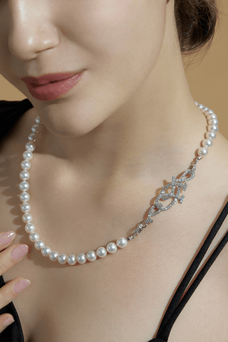 Lab Grown Diamond Clasp With Akoya Pearl Necklace in White Gold -Large - Zaiyou Jewelry