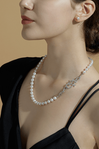 Lab Grown Diamond Clasp With Akoya Pearl Necklace in White Gold -Large - Zaiyou Jewelry