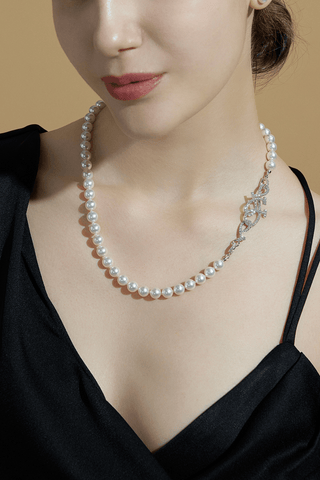 Lab Grown Diamond Clasp With Akoya Pearl Necklace in White Gold -Large - Zaiyou Jewelry