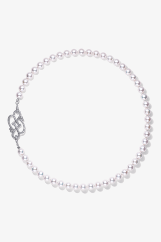 Lab Grown Diamond Clasp With Akoya Pearl Necklace in White Gold -Medium - Zaiyou Jewelry