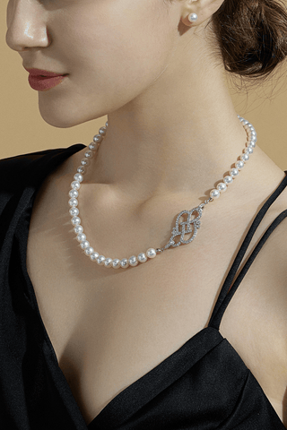 Lab Grown Diamond Clasp With Akoya Pearl Necklace in White Gold -Medium - Zaiyou Jewelry