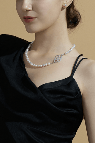 Lab Grown Diamond Clasp With Akoya Pearl Necklace in White Gold -Medium - Zaiyou Jewelry