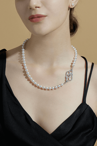 Lab Grown Diamond Clasp With Akoya Pearl Necklace in White Gold -Medium - Zaiyou Jewelry