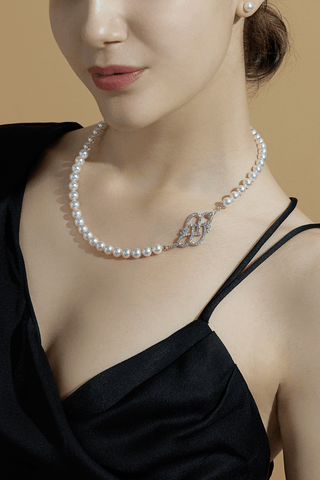 Lab Grown Diamond Clasp With Akoya Pearl Necklace in White Gold -Medium - Zaiyou Jewelry