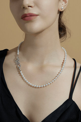 Lab Grown Diamond Clasp With Akoya Pearl Necklace in White Gold - Small - Zaiyou Jewelry