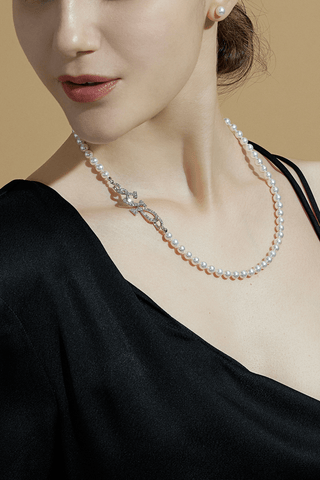 Lab Grown Diamond Clasp With Akoya Pearl Necklace in White Gold - Small - Zaiyou Jewelry