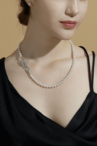 Lab Grown Diamond Clasp With Akoya Pearl Necklace in White Gold - Small - Zaiyou Jewelry