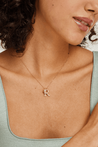 Lab Diamond Alphabet Letter “R” Pendant in Yellow Gold - Zaiyou Jewelry