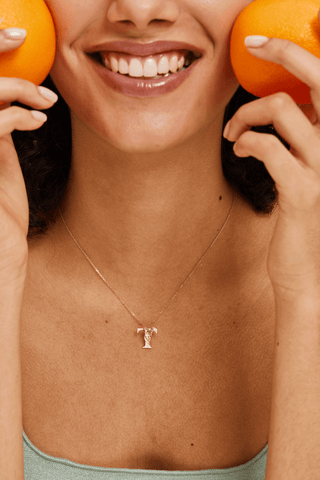 Lab Diamond Alphabet Letter “T” Pendant in Yellow Gold - Zaiyou Jewelry